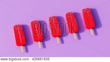 Raspberry popsicles background. Fruity ice pop, ice cream treat 3D illustration