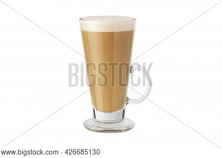 Latte Macchiato In Beautiful Cup On An Isolated White Background With Natural Shadow. Cappuccino Foa