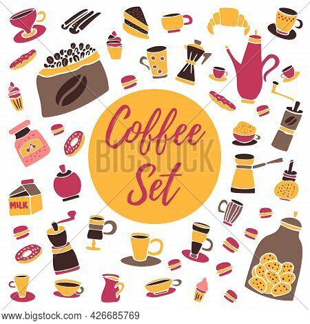Set Of Hand Drawn Cafe Elements Isolated On A White Background. Design Elements For Cafe Menu Or Cof