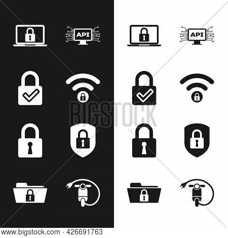 Set Wifi Locked, Lock And Check Mark, Laptop, Computer Api Interface, And Shield Security With Icon.
