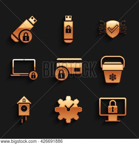 Set Credit Card With Lock, Time Management, Lock On Monitor, Cooler Bag, Retro Wall Watch And Laptop