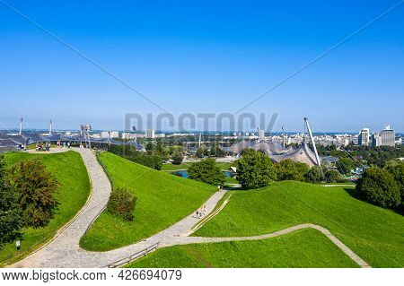 Munich, Germany - Jul 27, 2020: Stadium Of The Olympiapark In Munich, Germany, Is An Olympic Park Wh