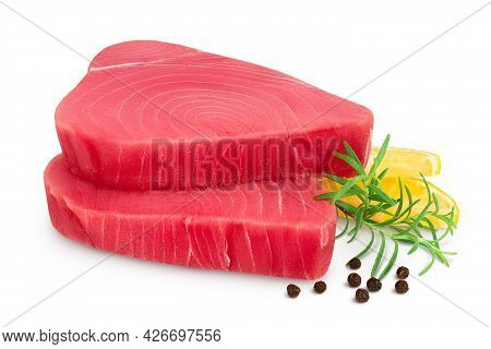 Fresh Tuna Fish Fillet Steak With Rosemary, Lemon And Peppercorns Isolated On White Background With 
