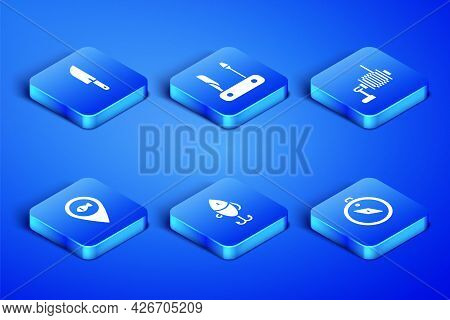 Set Compass, Knife, Fishing Lure, Location Fishing, Swiss Army Knife And Spinning Reel For Icon. Vec