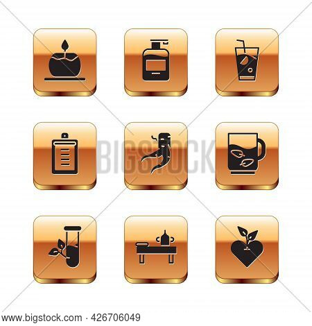 Set Aroma Candle, Laboratory Glass Leaves, Massage Table With Oil, Ginger Root, Clipboard Checklist,