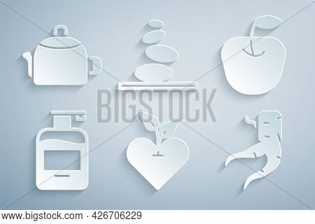 Set Heart, Apple, Bottle Of Liquid Soap, Ginger Root, Stack Hot Stones And Kettle With Handle Icon. 