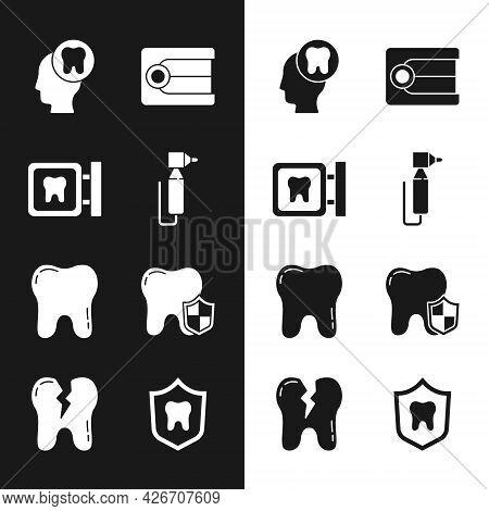 Set Tooth Drill, Dental Clinic Location, Human Head With Tooth, Dentures Model, Protection, And Brok