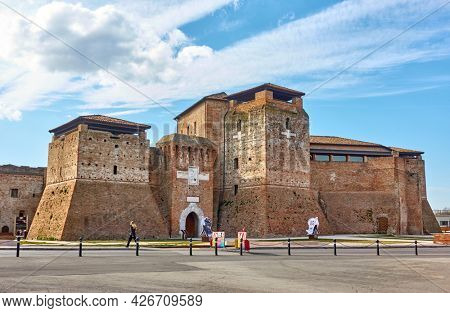 Rimini, Italy - February 25, 2020:  Castel Sismondo on Piazza Malatesta square in old historical and touristic part of Rimini