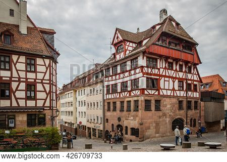 Nuremberg, Germany - May 17, 2016:  Street in the old town of Nuremberg with Albrecht Durer's House