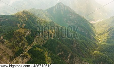 Scenic Paradisiac Landscape View Of Albanian Alps Mountains. Traveling, Exploring, Holiday Concept
