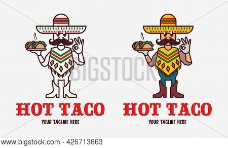 A Funny Vector Mexican Man In A Sobmrero And A Mustache Serves Delicious Hot Tacos.