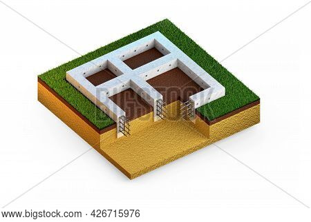 Poured Reinforced Concrete Wall Foundation, Isolated Digital Industrial 3d Illustration