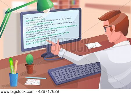 Office Worker Male Character Sitting At Table With Computer Programmer Writes Program Code. Business