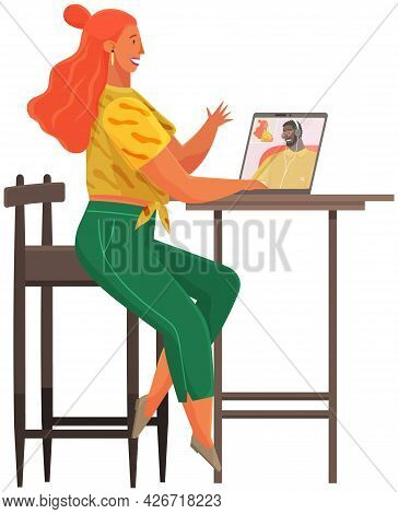 Young Girl Communicates With Friend Via Video Communication. Working Video Call, Online Communicatio