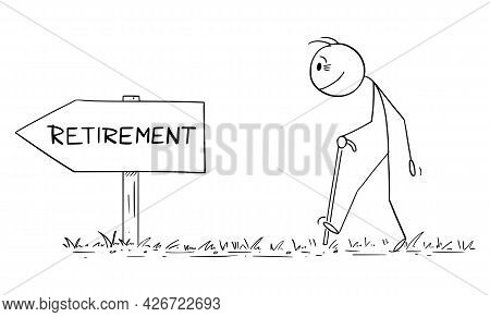 Old Age Worker With Walking Stick Following Retirement Arrow Sign Direction, Vector Cartoon Stick Fi