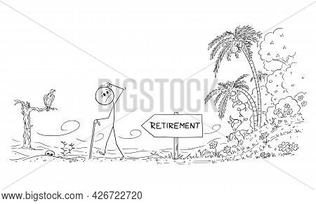 Old Age Senior Worker Walking To Retirement Leaving Life In Paradise For Life In Desert, Vector Cart