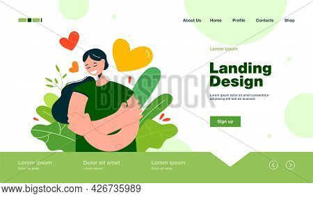 Happy Woman Self Hugging Flat Vector Illustration. Cartoon Positive Girl In Blue Shirt Holding Or Em