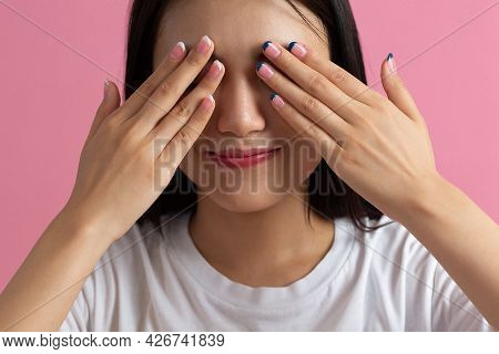 Close Up Portrait Of Young Asian Woman With Hand Palms Fingers Nails Manicure Closed Eyes Face