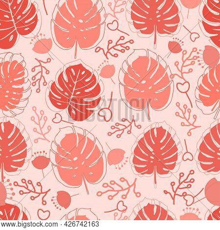 Abstract Composition Of Monstera Leaves Against Pink Background.