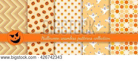 Halloween Seamless Patterns Set. Vector Collection Of Colorful Background Swatches. Cute Funny Abstr