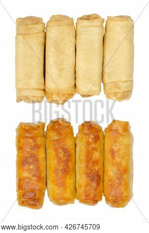 Spring Rolls, From Above, Isolated On White Background. Two Rows, Each Of Four Spring Rolls, Unfried