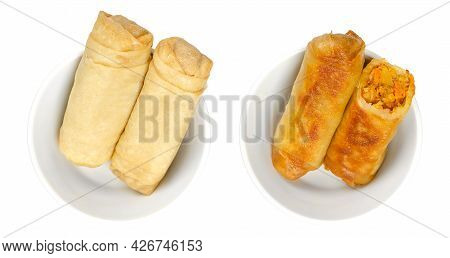 Spring Rolls In White Bowls. Unfried And In A Pan Crispy Fried Spring Rolls. Vegetable Filled And Ro