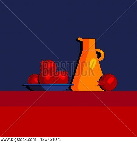 Stylized Still Life With Pomegranates And Kitchen Utensils. Colorful Flat Illustration. Element For 
