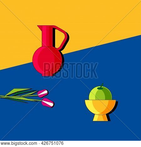 Stylized Still Life With Apple, Tulips And Kitchen Utensils. Colorful Flat Illustration. Element For