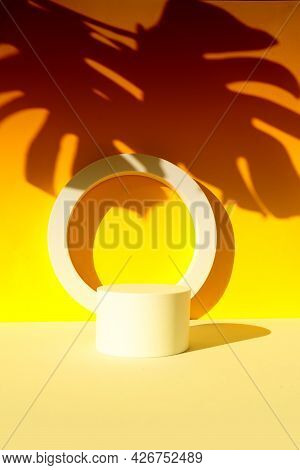 Minimal Modern Product Display Podium On Textured Gray And Yellow Background With Mostera Shadows, T