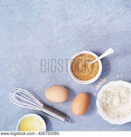 Ingredients For Homemade Oat Pancake With Whole Grain Oat, Coconut Sugar, Vanilla Syrup, Organic Egg