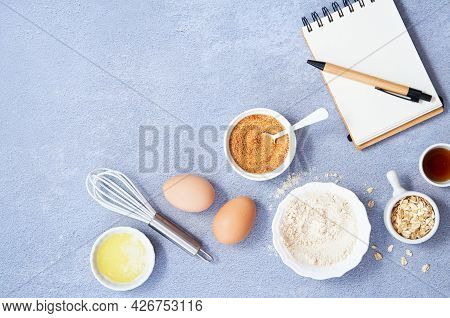 Healthy Food Background, Ingredients For Homemade Oat Pancake With Whole Grain Oat, Coconut Sugar, V