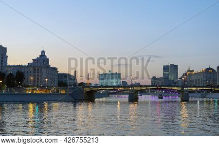 Moscow Russia - July 13 2021: Center Of Moscow On A Warm Summer Evening. Borodinsky Bridge, In The B