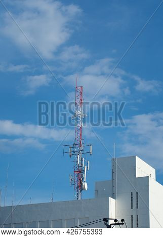 Lte, Gsm, 2g, 3g, 4g, 5g Tower Of Cellular Communication. Telecommunication Tower Against The Blue S