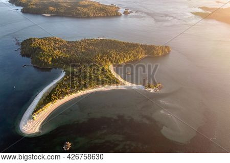 Bright Sunny Sunset View Of Clayoquot Near Tofino, Vancouver Island, British Columbia, Canada. Aeria