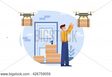 Contactless Delivery Drones. Contact Free Delivery Icon. The Drone Delivers The Package. Stay Home C
