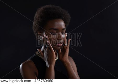 Close Up Portrait Of Young African American Black Woman Doing Facebuilding Yoga Face Gymnastics Yoga