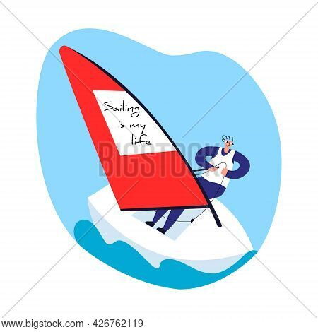 Vector Flat Isolated Illustration Of A Sailing Competition. It Shows An Athlete In A Boat, Holding O