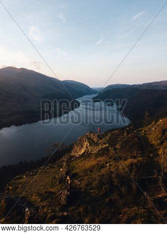 Drone shot of Raven Crag and Thirlmere reservoir at the Lake District in England