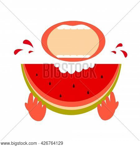 Vector Illustration Of A Bitten Juicy Watermelon In The Hands. Watermelon. Summer. Aryuz With Seeds.