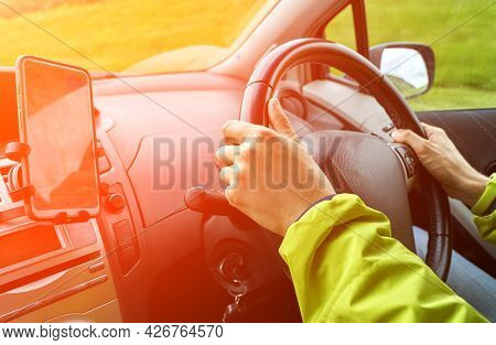 Man Drive Car. Mountain Road View. Responsible Travel Vacation. Staycation Concept. Roadtrip Weekend