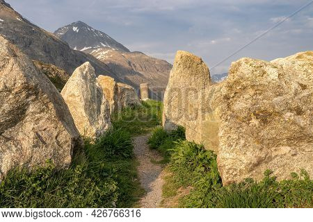 A Way Past The Group Of Big Stones At The Top Of The Mountain Pass Julierpass In Switzerland