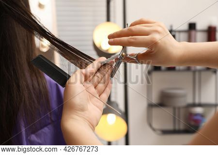 Professional Stylist Cutting Client's Hair In Salon, Closeup
