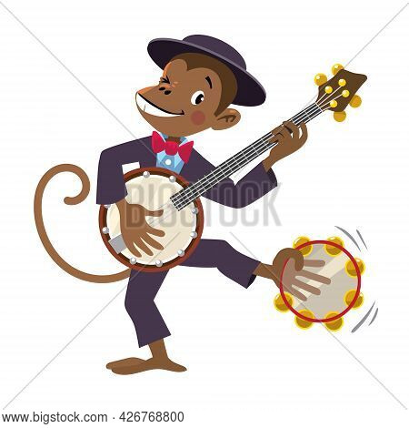 Monkey With Banjo. Jazz Band With Animals.