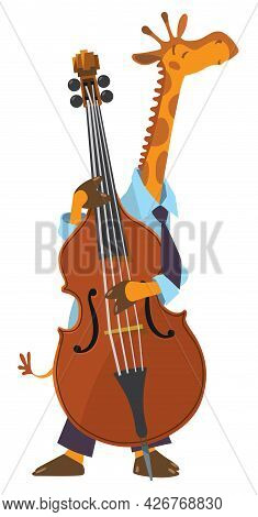 Girafe Play Double Bass. Jazz Band With Animals.
