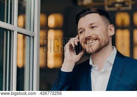 Mobile Call. Handsome Male Executive Manager With Bristle Has Telephone Conversation Enjoys Modern C