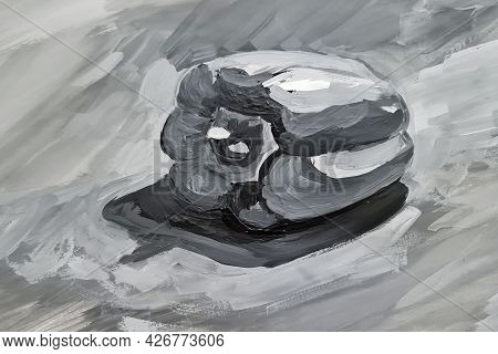 Grisaille, Black And White Still Life, Bulgarian Pepper Is Painted With Brushstrokes,the Natural Tex