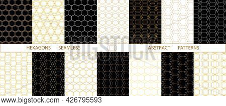 Vector. 14 Modern Abstract Seamless Hexagon Patterns. Various Geometric Shapes On Black And White Ba