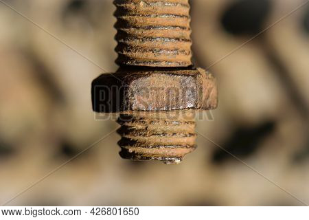 Old Rusty Bolt, Iron Rod With Screw Threads. Rusted Mechanical Components. Threaded Bolt And Nut Iso
