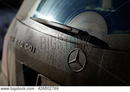 Irkutsk, Russia - July 10 2021: Close Up Dirty Mercedes Car With A Wiper On The Back Window. Do Not 