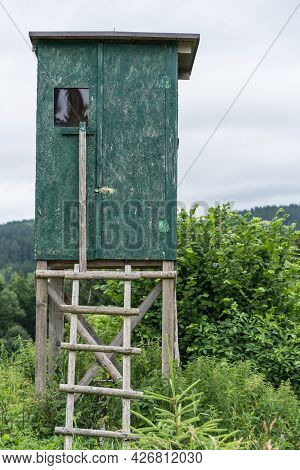 Green High Seat For Hunters As A Hiding Place In The Hunting Area - High Stand